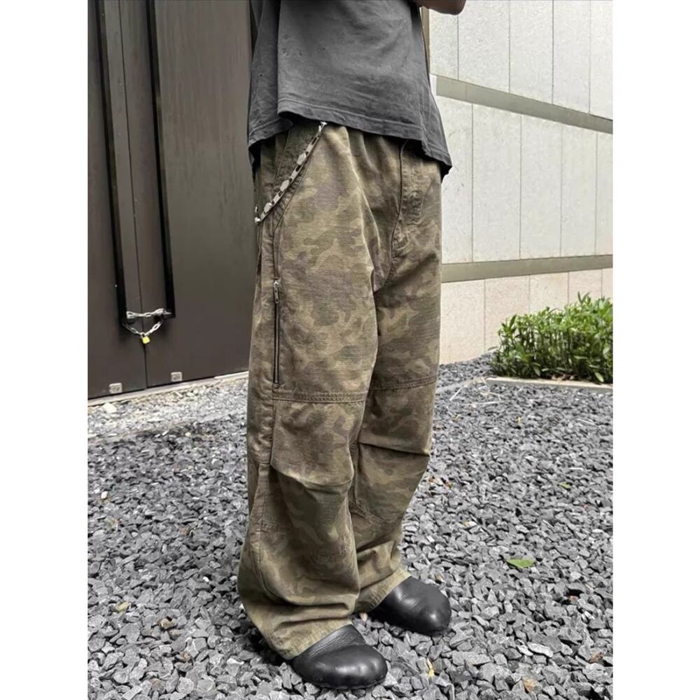 Vintage Wash Camouflage Baggy Wide-Leg Denim Jeans Camo Pants size 32